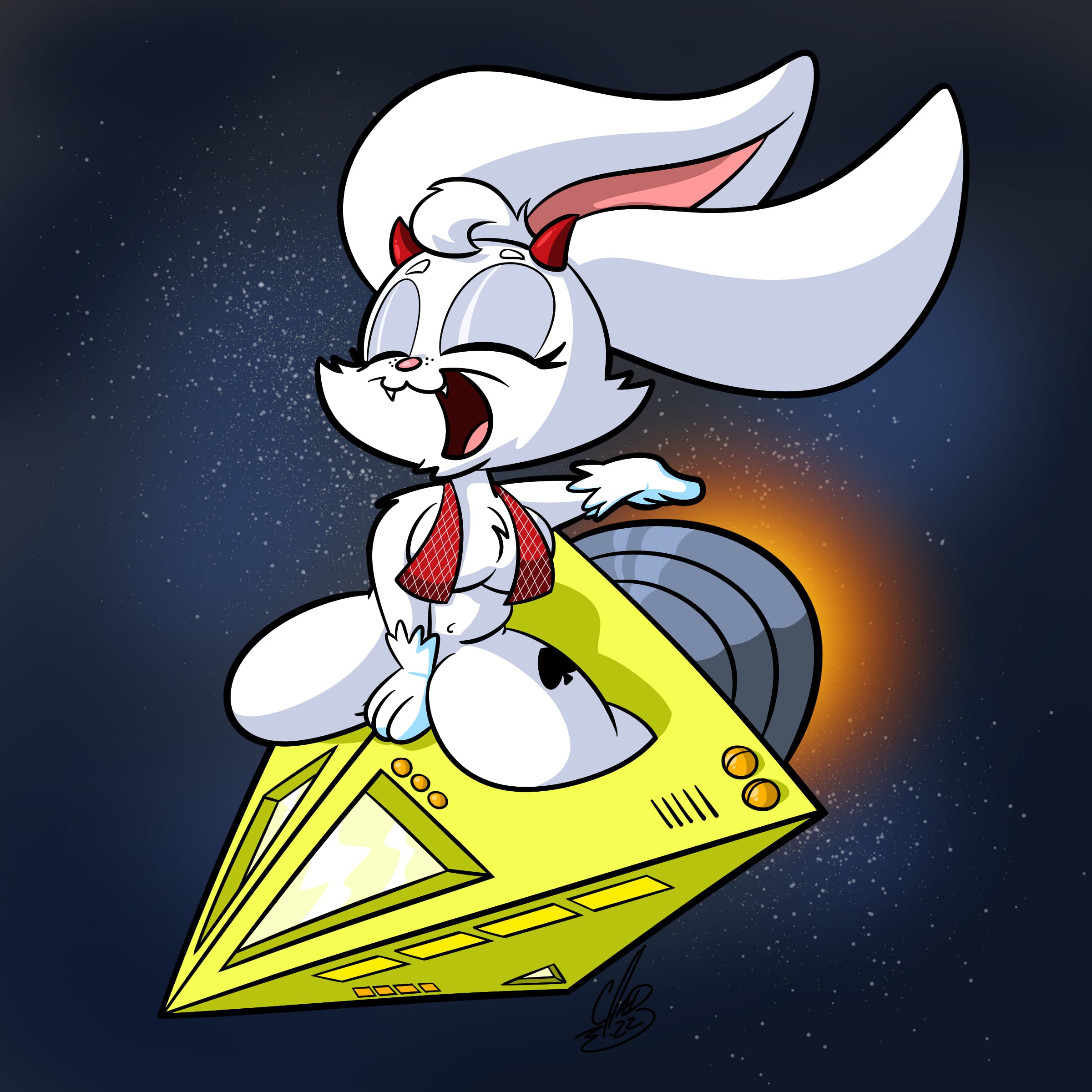 a white rabbit with red horns, bomb-riding a yellow pyramid through outer space